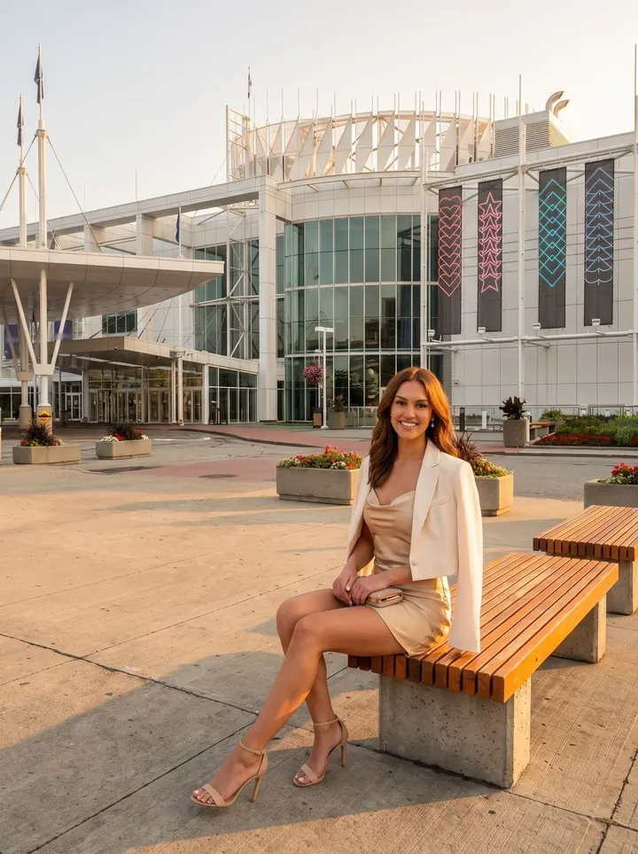 Jeune femme sur un banc devant l’entrée du casino